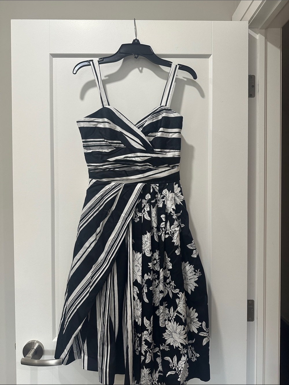 White House Black Market Black and White Striped & Floral Midi Dress